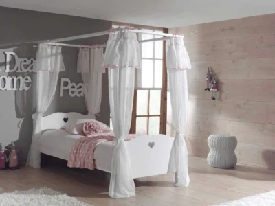 Lit baldaquin enfant bois blanc cœur