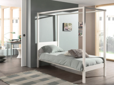 Lit baldaquin enfant bois blanc laqué