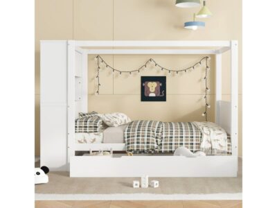 Lit baldaquin enfant bois blanc avec rangements