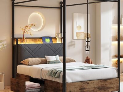 Lit baldaquin enfant métal et bois avec coffre