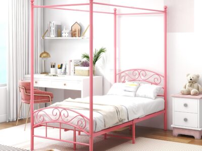 Lit baldaquin enfant métal rose