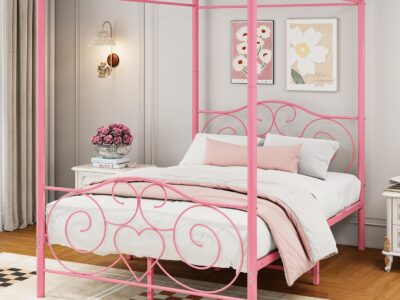 Lit baldaquin enfant métal rose