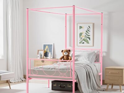 Lit baldaquin enfant métal rose avec rangement