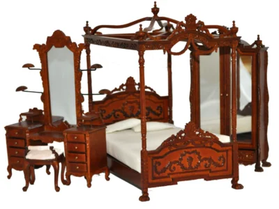 Lit baldaquin miniature marron haut de gamme maison de poupée