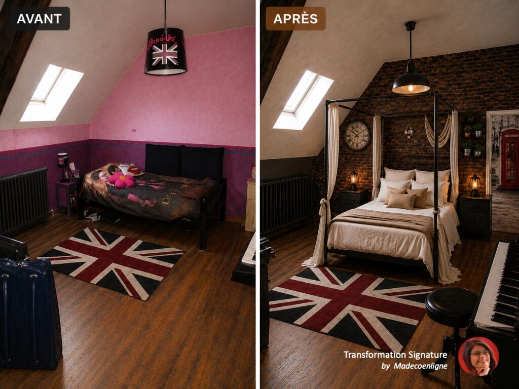 Avant après transformation chambre petite fille en chambre baldaquin industrielle ado