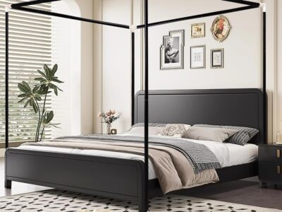 Cadre lit baldaquin acier inoxydable noir