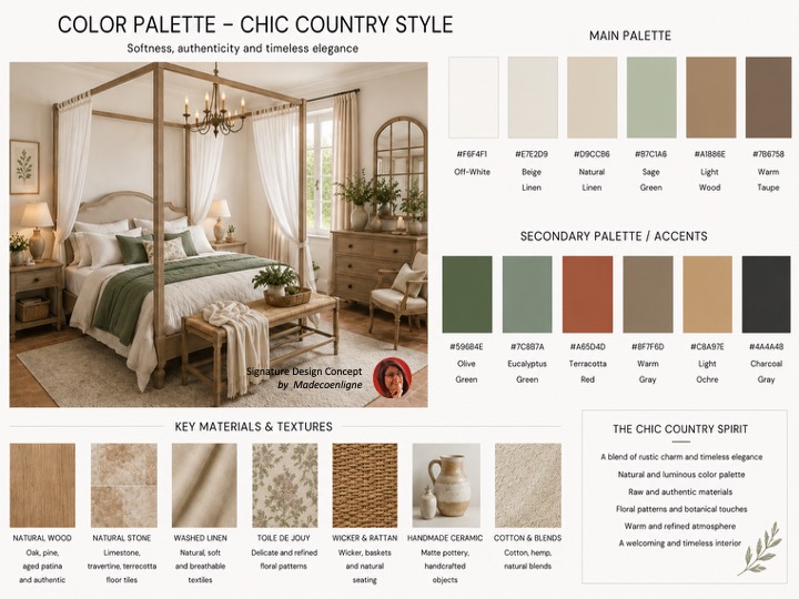 Color & materials palette country chic style