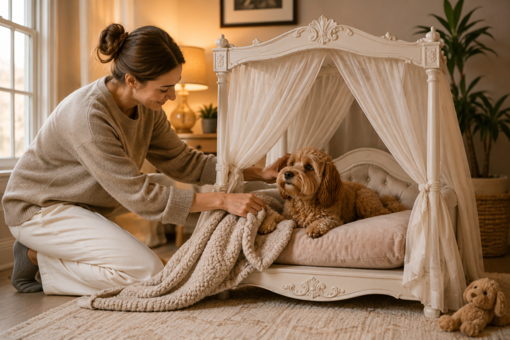Owner making canopy bed for dog