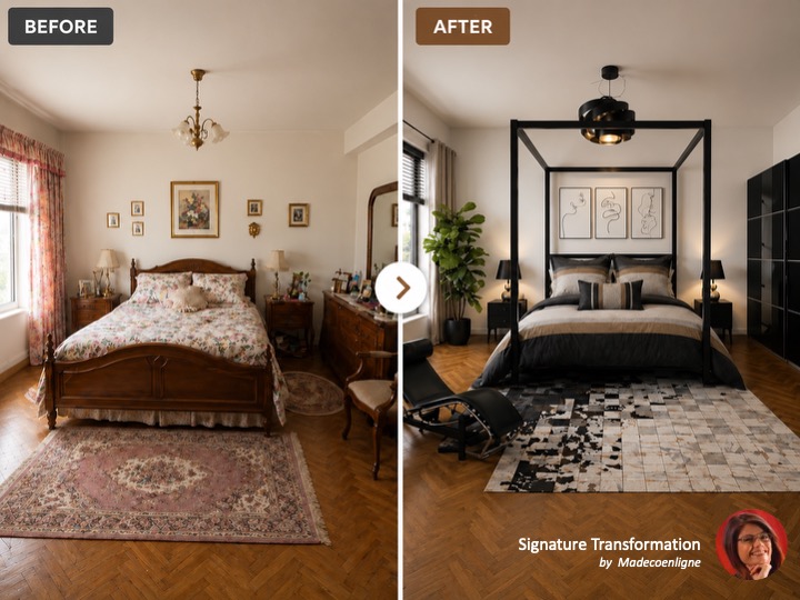 Before and after transformation of an outdated bedroom into a modern masculine canopy bedroom