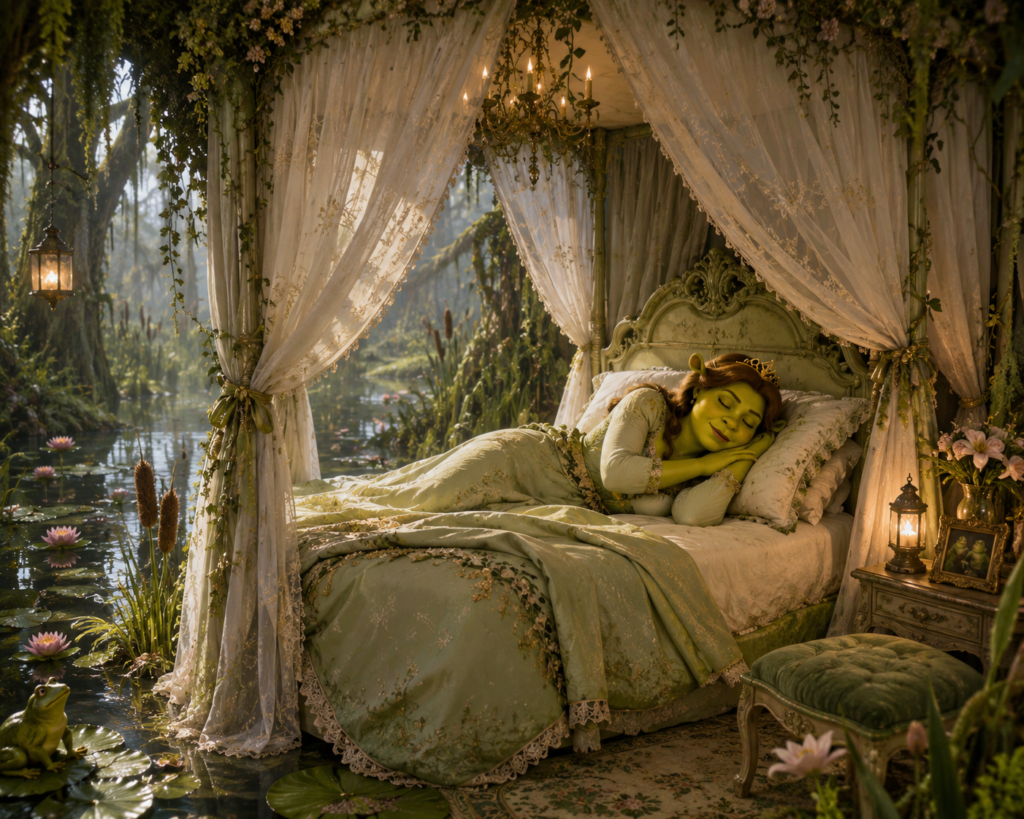 green ogre-princess-canopy-bed-enchanted-swamp