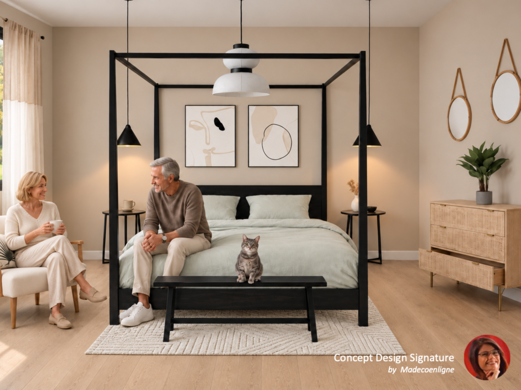 Chambre avec lit à baldaquin au style Japandi