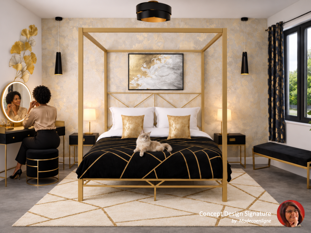 Chambre avec lit baldaquin au style art deco chic