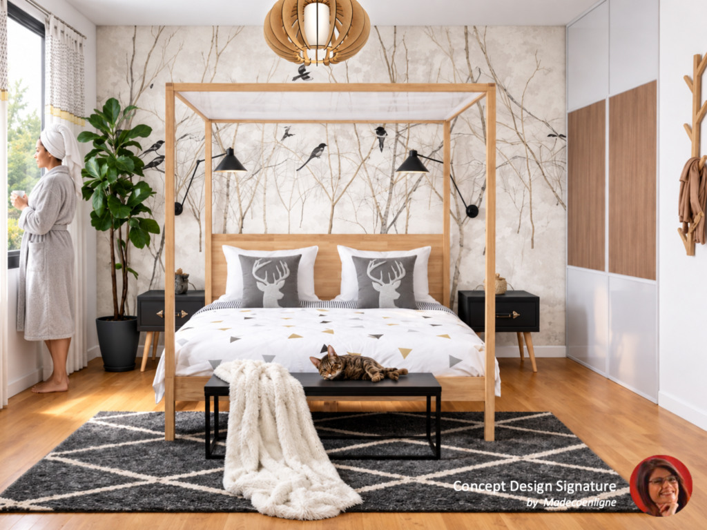 Chambre avec lit à baldaquin au style scandinave
