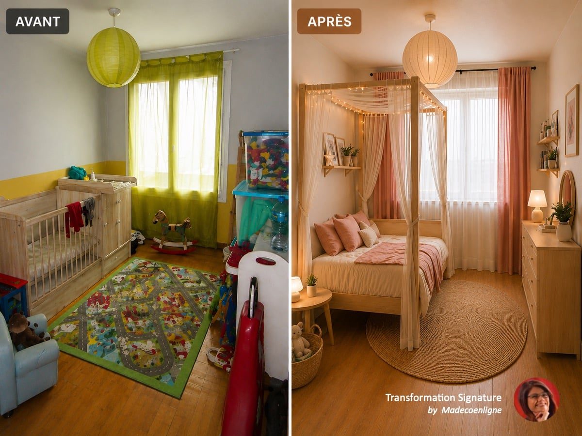 Avant après transformation chambre bébé en baldaquin petite fille
