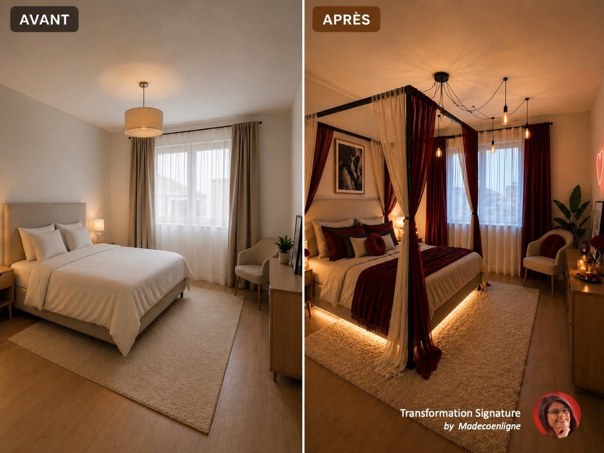 Avant après transformation chambre moderne à loveroom romantique