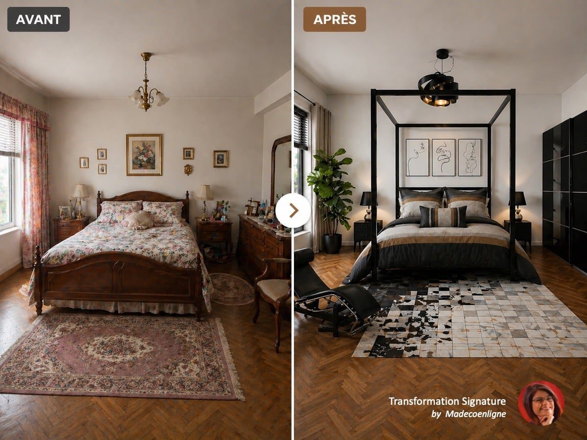 Avant après transformation chambre vieillotte en chambre moderne masculine