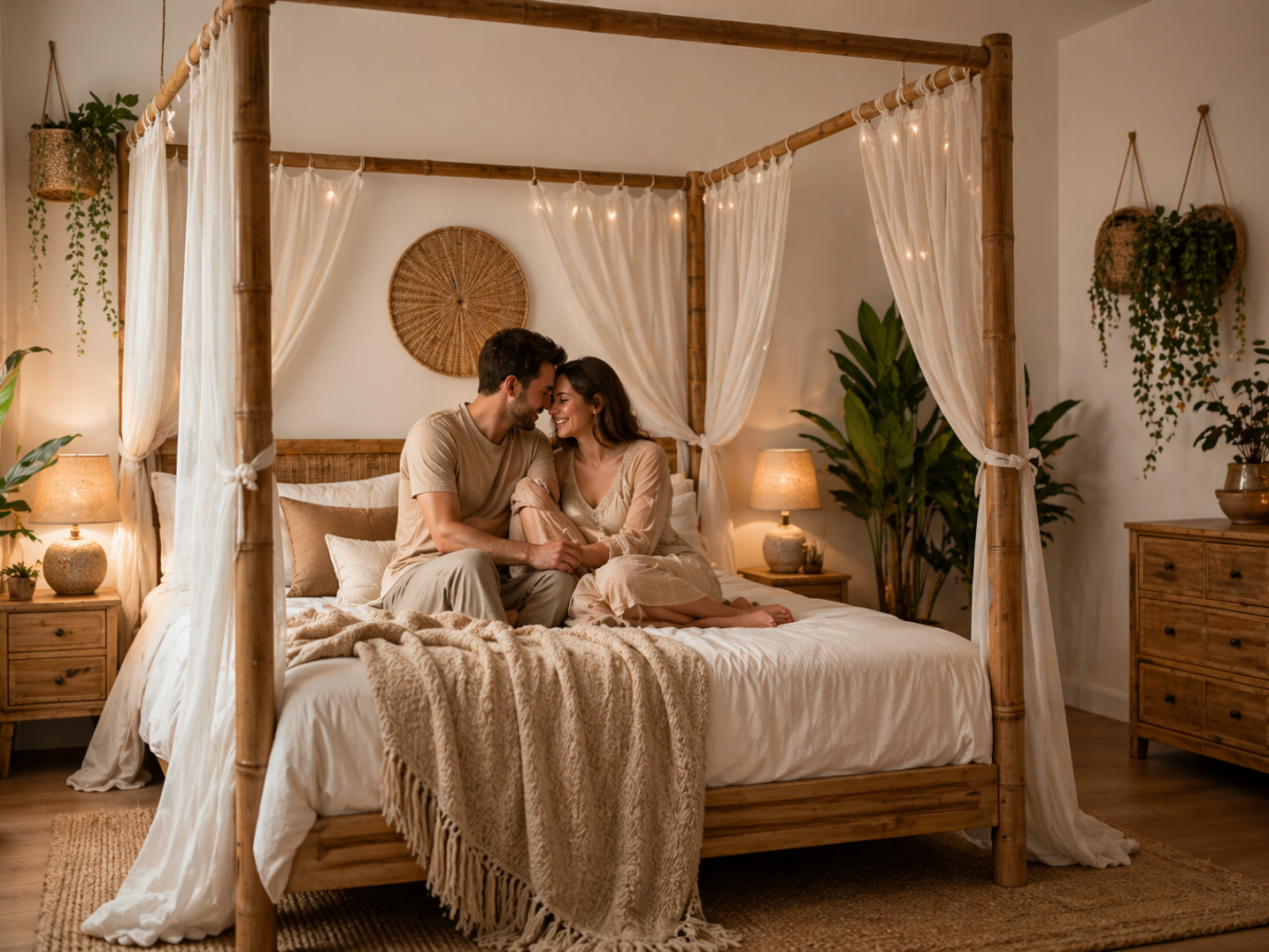 Couple à la maison dans leur chambre à baldaquin