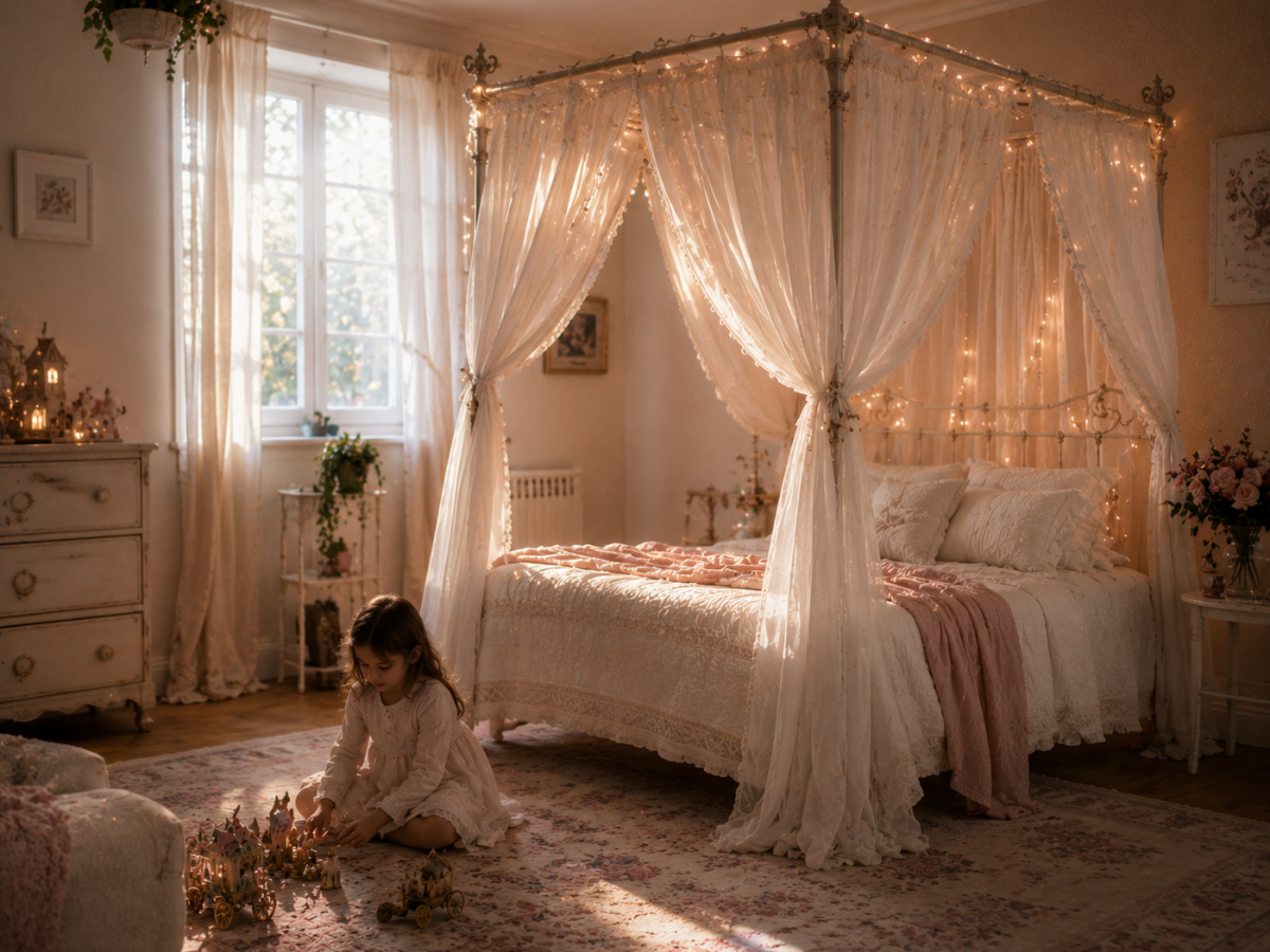 Fillette dans chambre lit baldaquin princesse