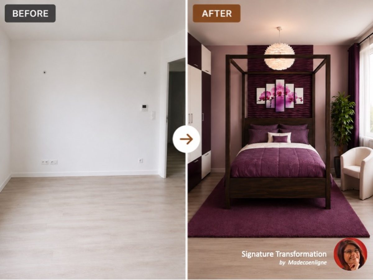 Before and after transformation of an empty new-build bedroom into a modern adult canopy bedroom