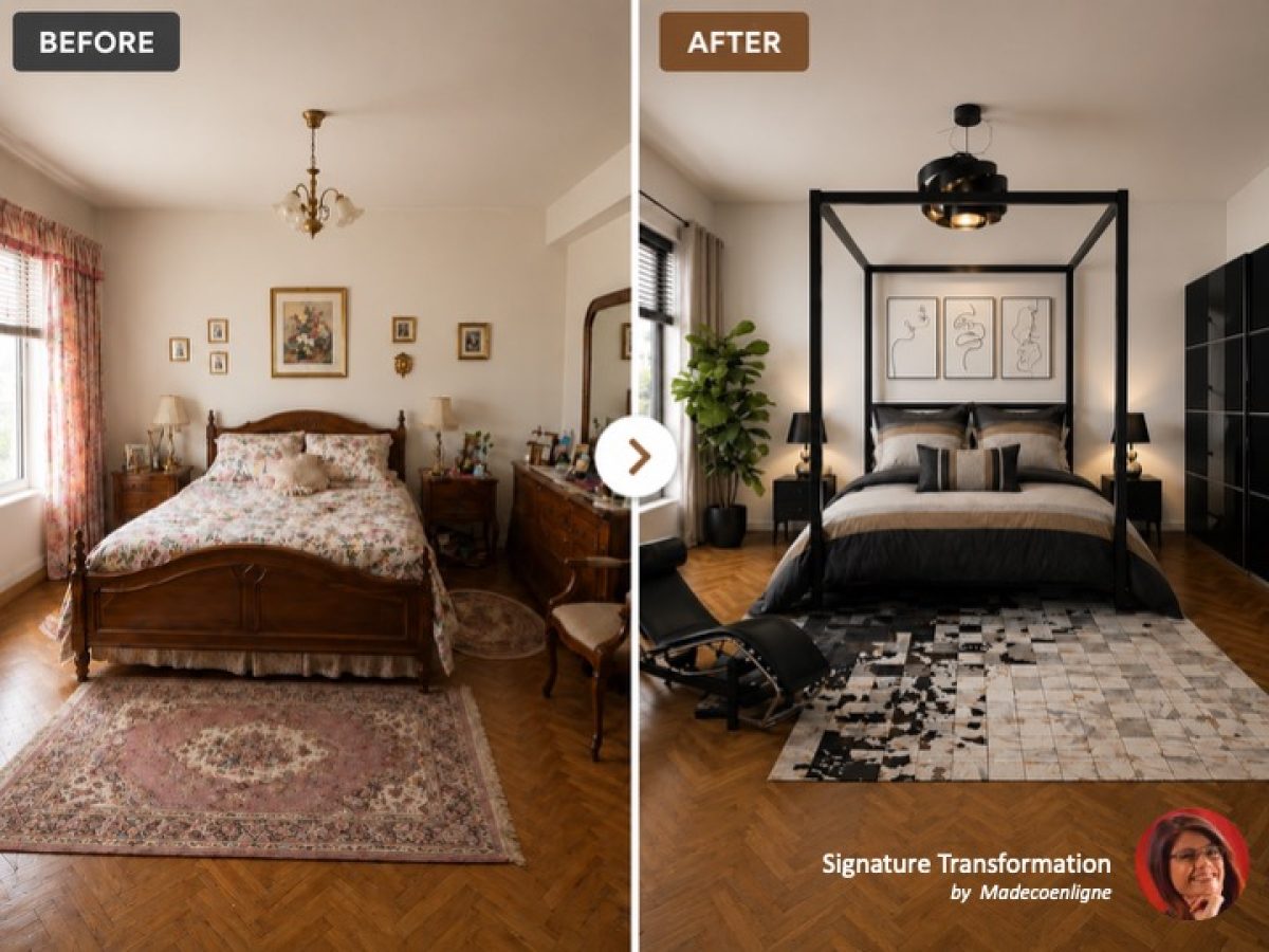 Before and after transformation of an outdated bedroom into a modern masculine canopy bedroom